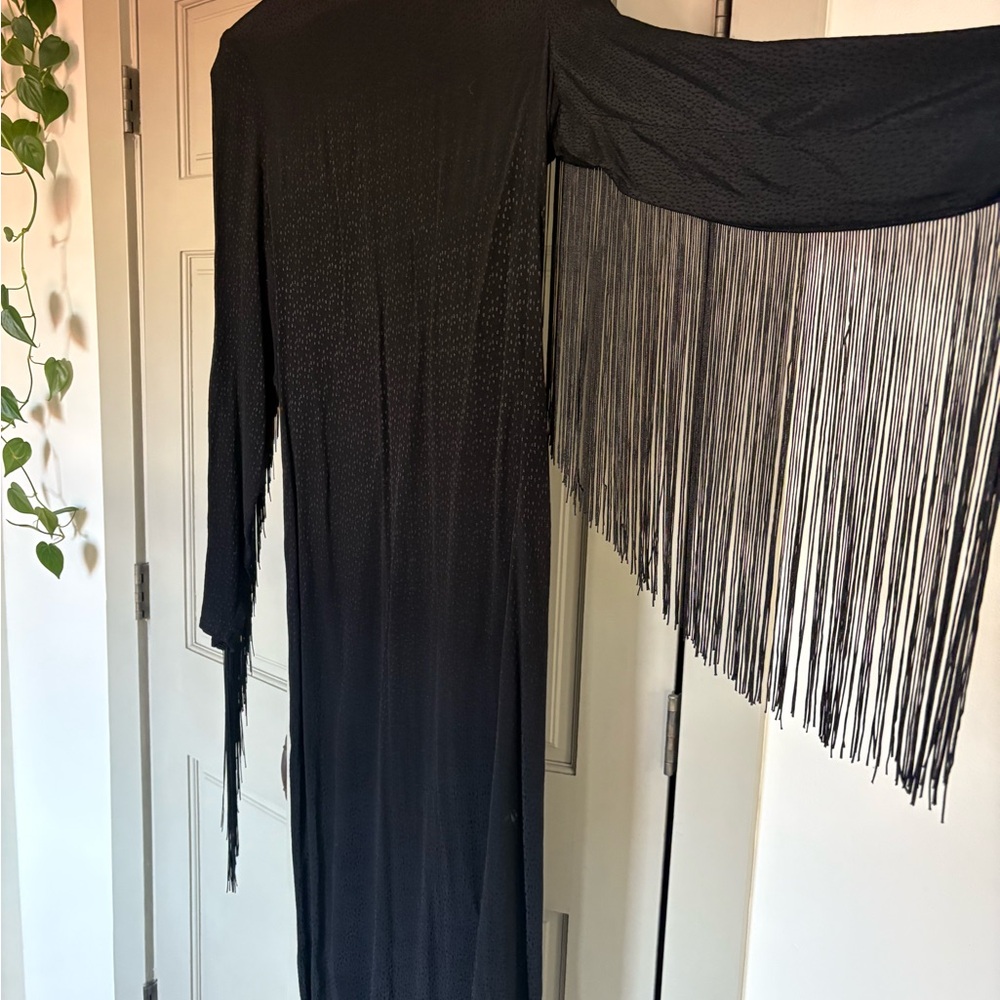 Elegant Black Long Sleeve Fringe Dress